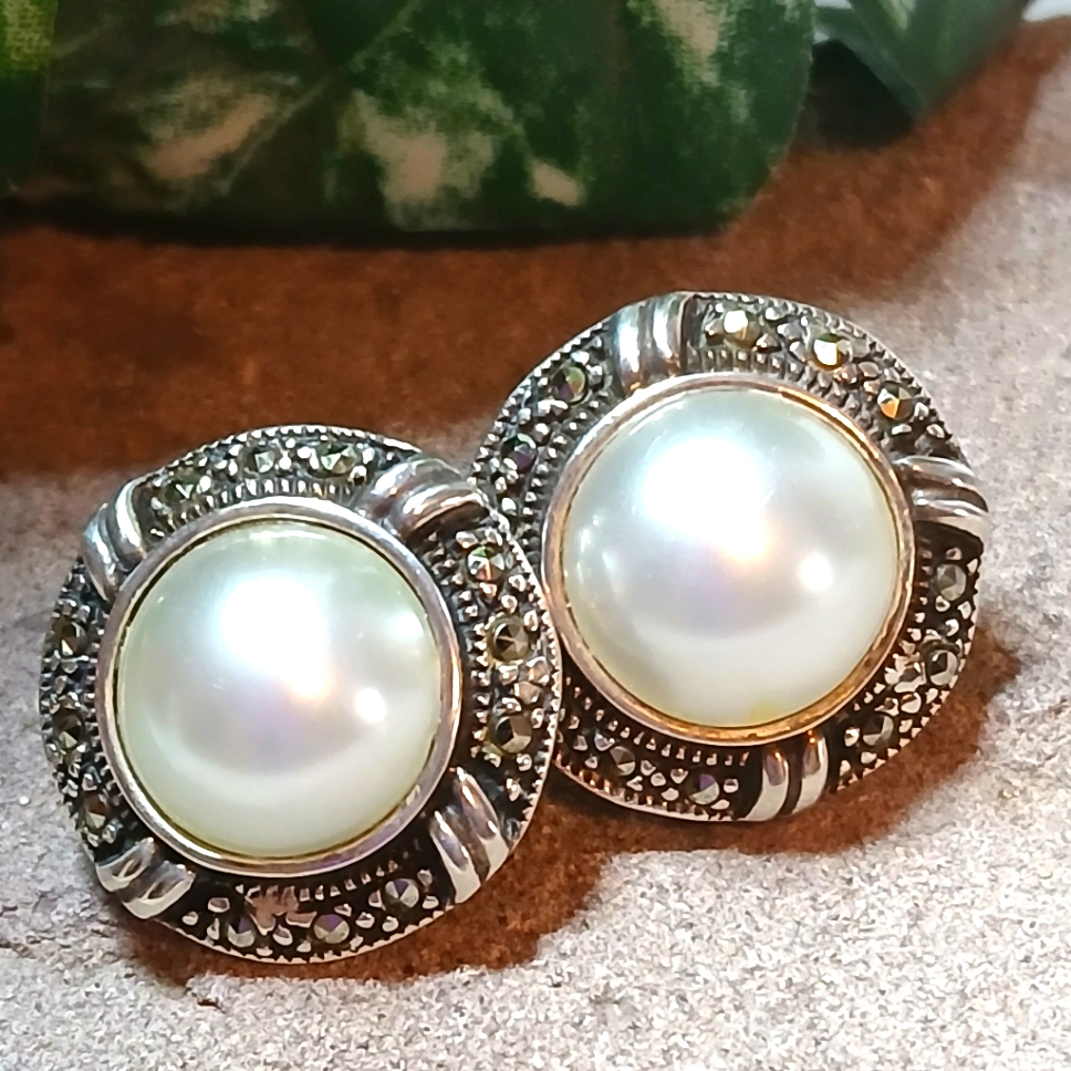 Charles Winston Faux Pearl And Marcasite Post Earrings